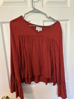 Free People Rust Red Textured V‑Neck Peasant Top